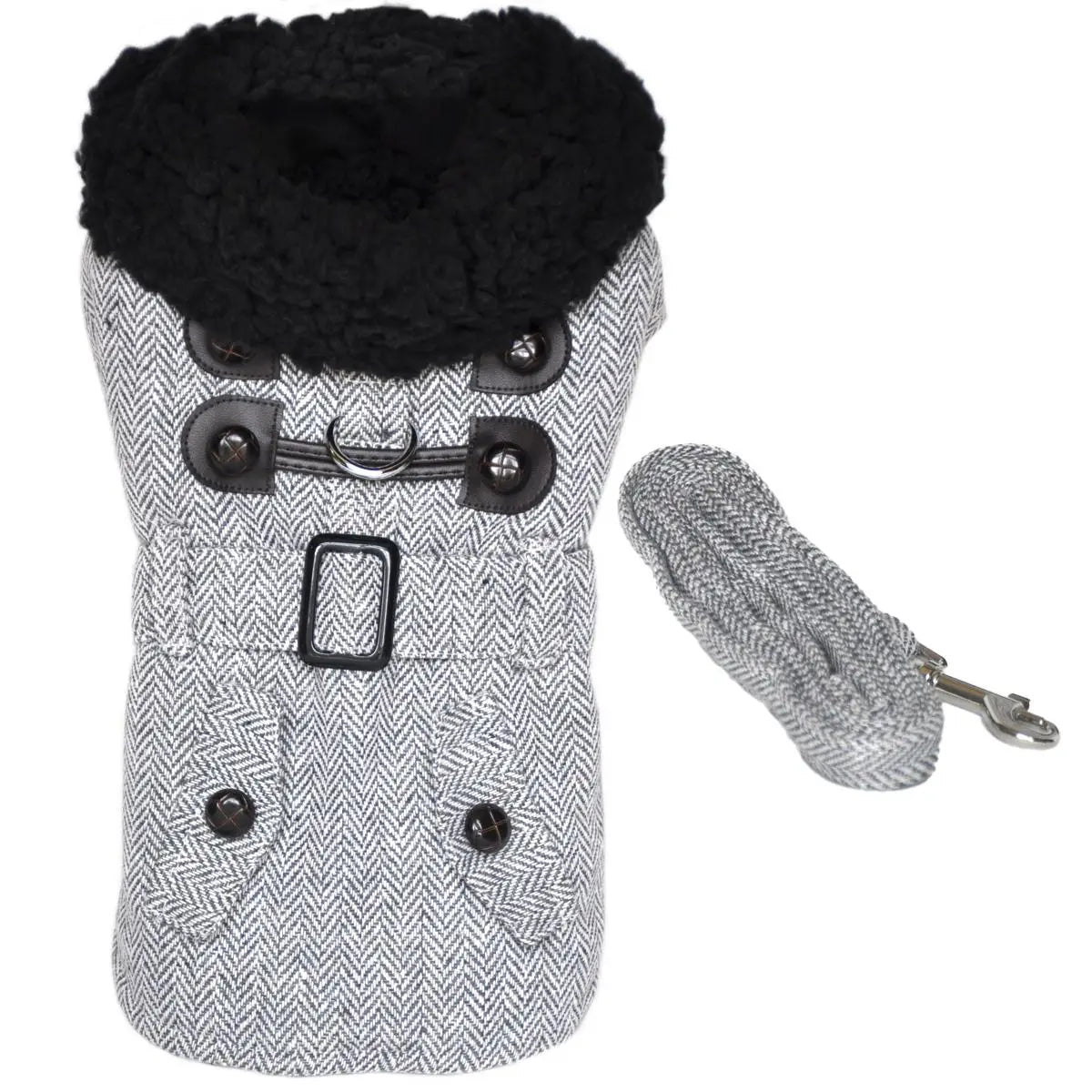 Grey Herringbone Designer Dog Harness Coat