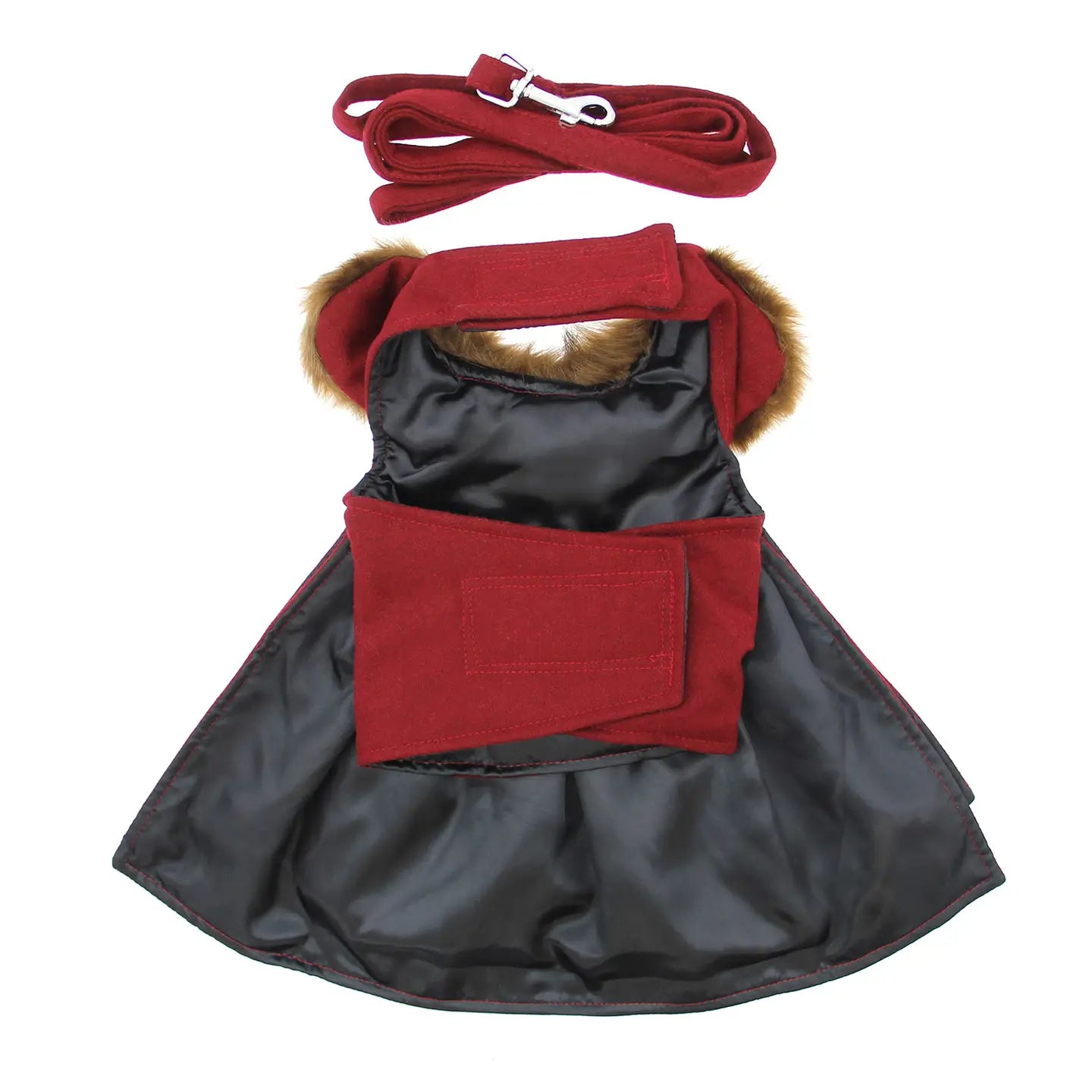 Burgundy Wool Fur Trimmed Dog Harness Coat with Leash