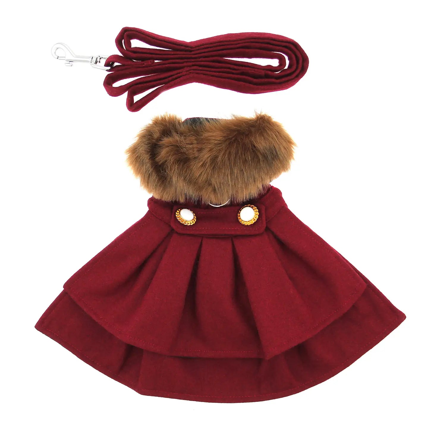 Burgundy Wool Fur Trimmed Dog Harness Coat with Leash