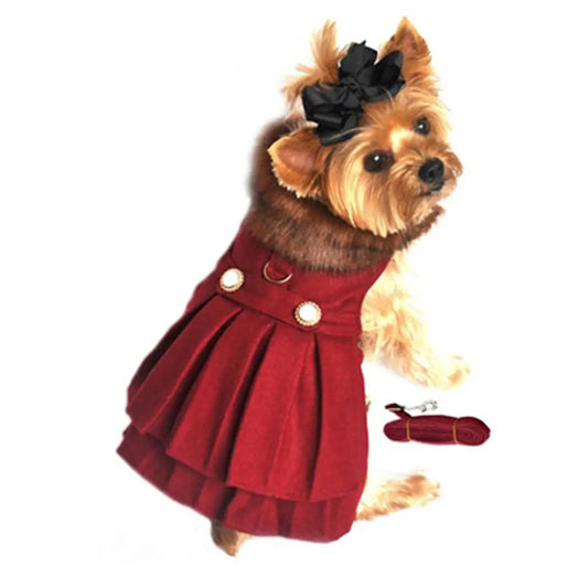 Burgundy Wool Fur Trimmed Dog Harness Coat with Leash