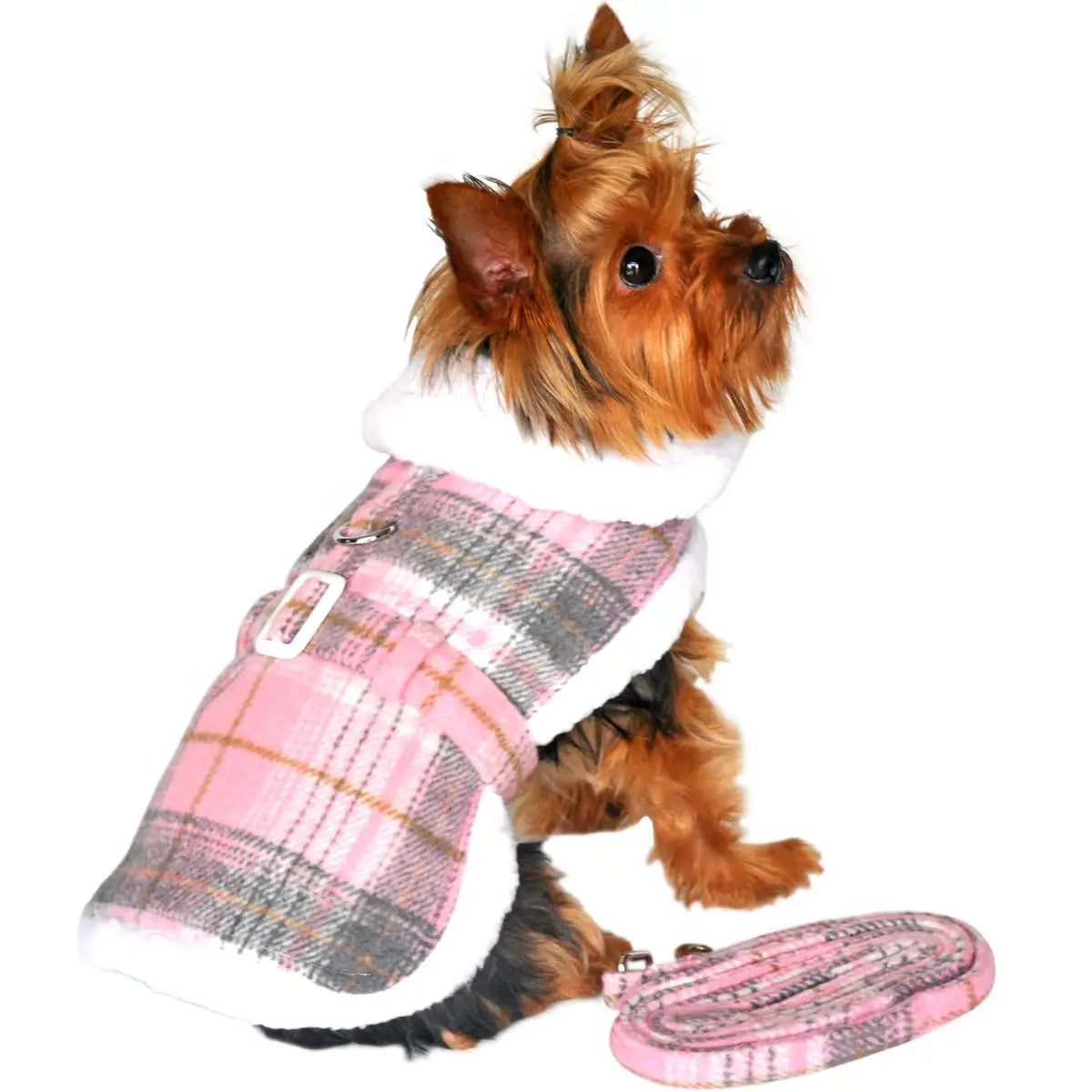 Pink Plaid White Sherpa Lined Dog Harness Coat with Leash