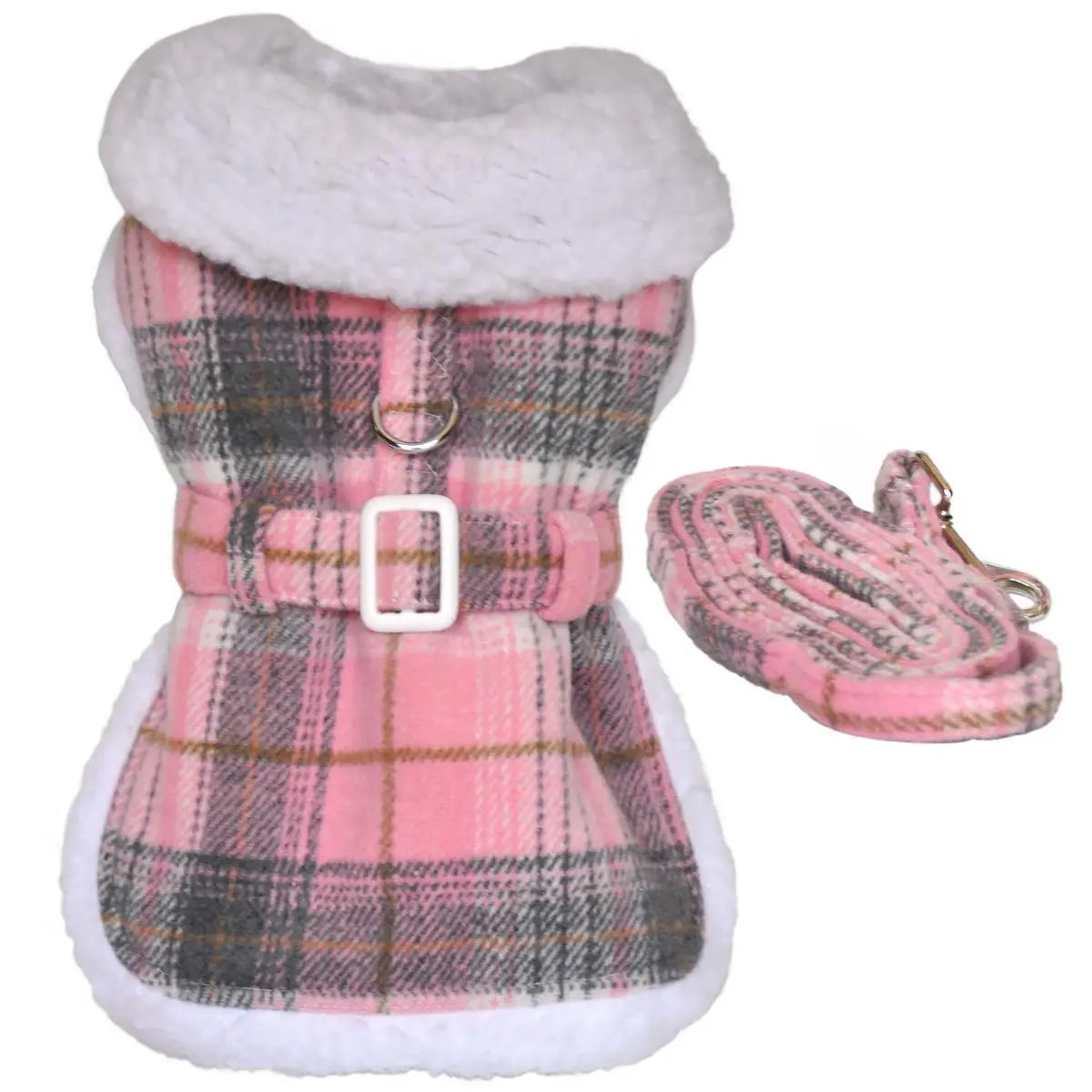 Pink Plaid White Sherpa Lined Dog Harness Coat with Leash