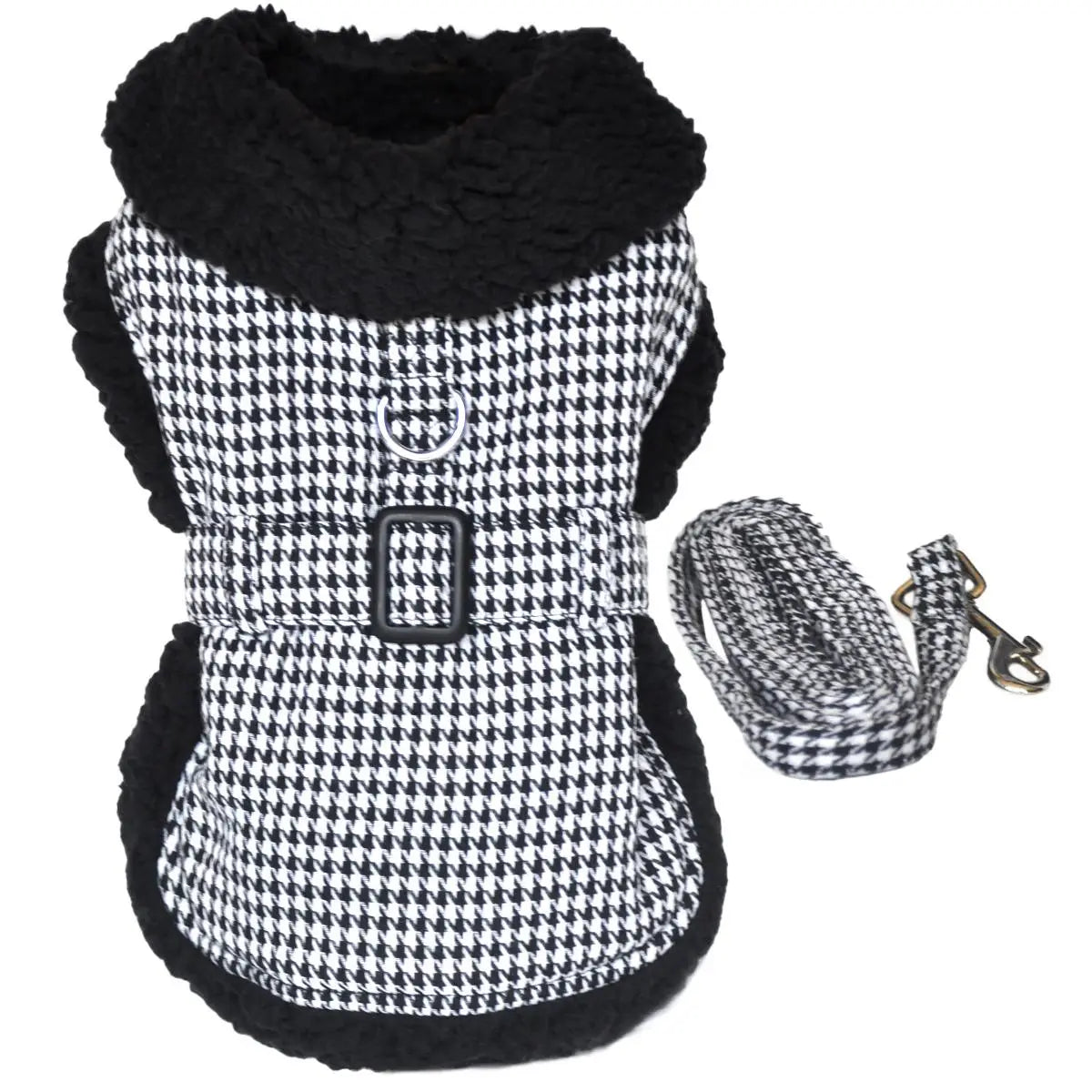 Black and White Houndstooth Pattern Sherpa Lined Dog Harness Coat with Leash