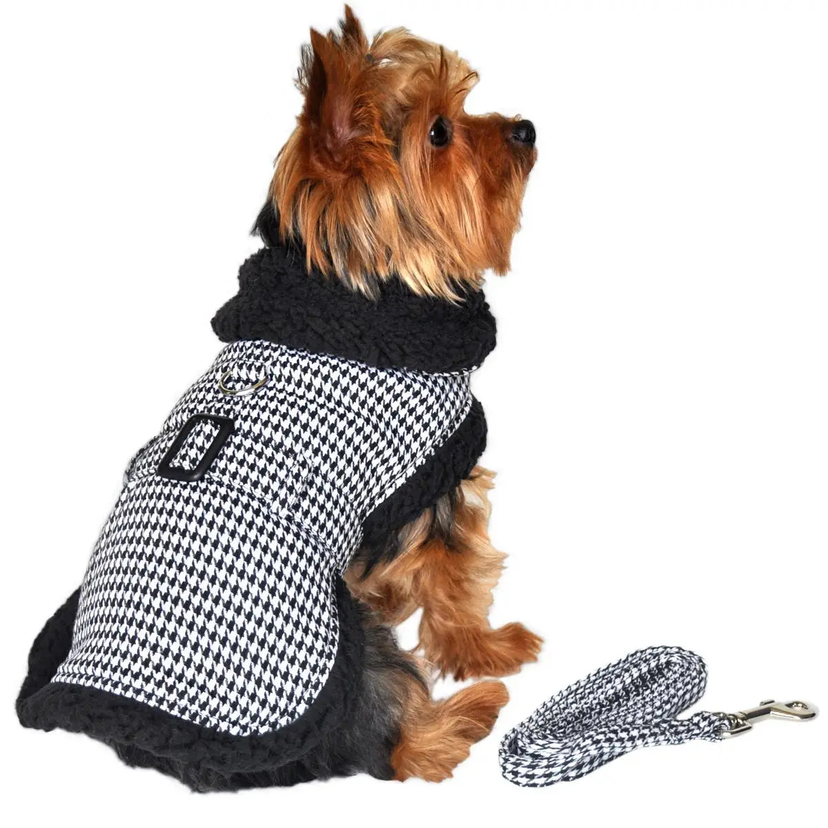 Black and White Houndstooth Pattern Sherpa Lined Dog Harness Coat with Leash