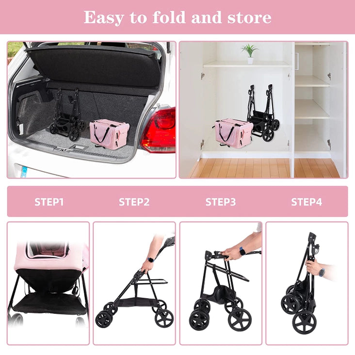 Pink Folding Detachable Travel Pet Stroller