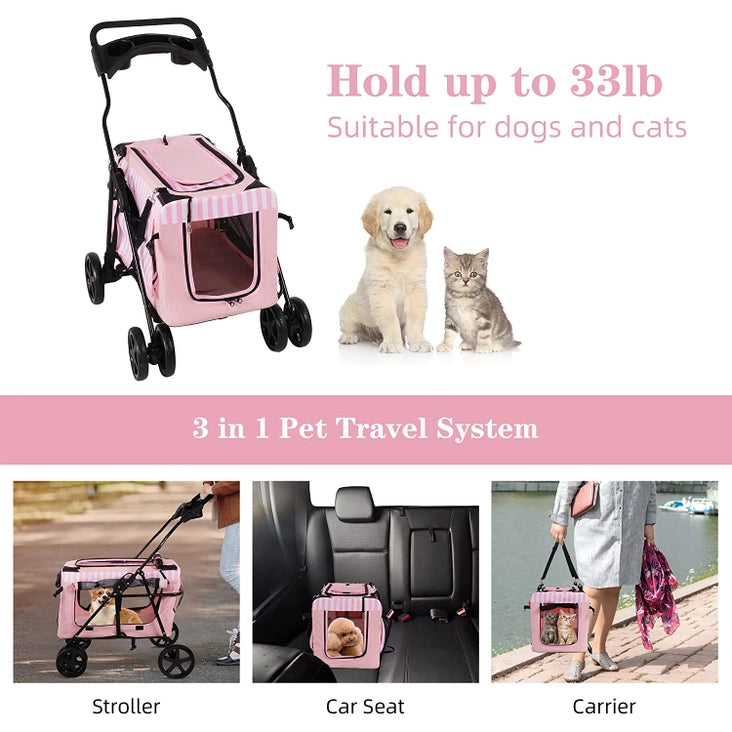 Pink Folding Detachable Travel Pet Stroller