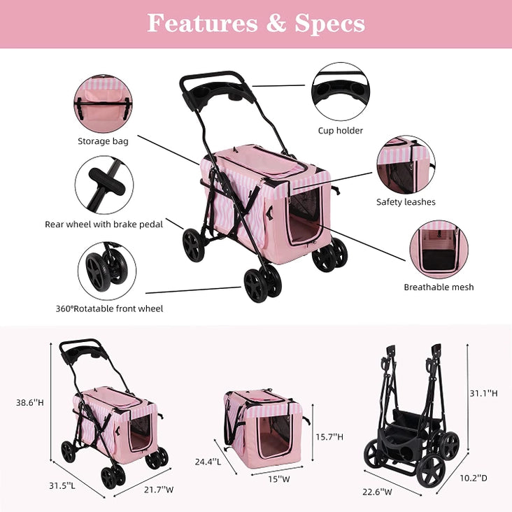 Pink Folding Detachable Travel Pet Stroller