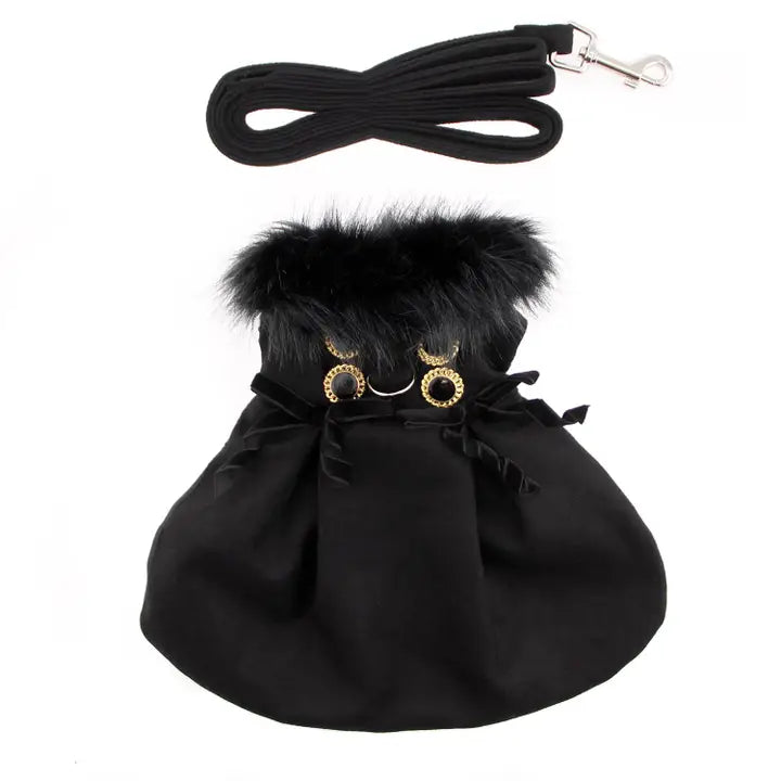 Black Wool Fur Trimmed Dog Harness Coat