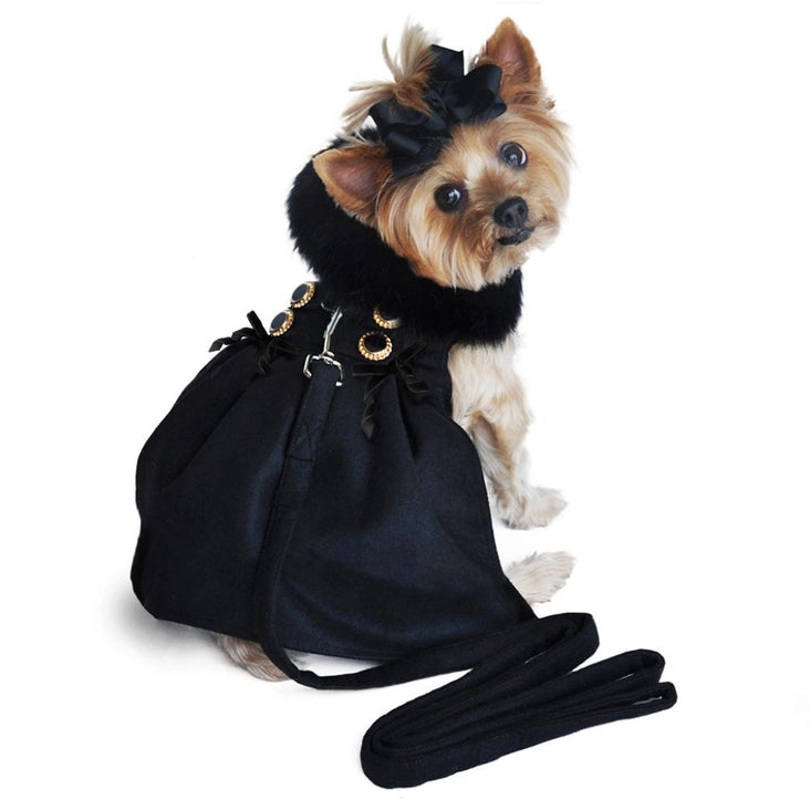 Black Wool Fur Trimmed Dog Harness Coat