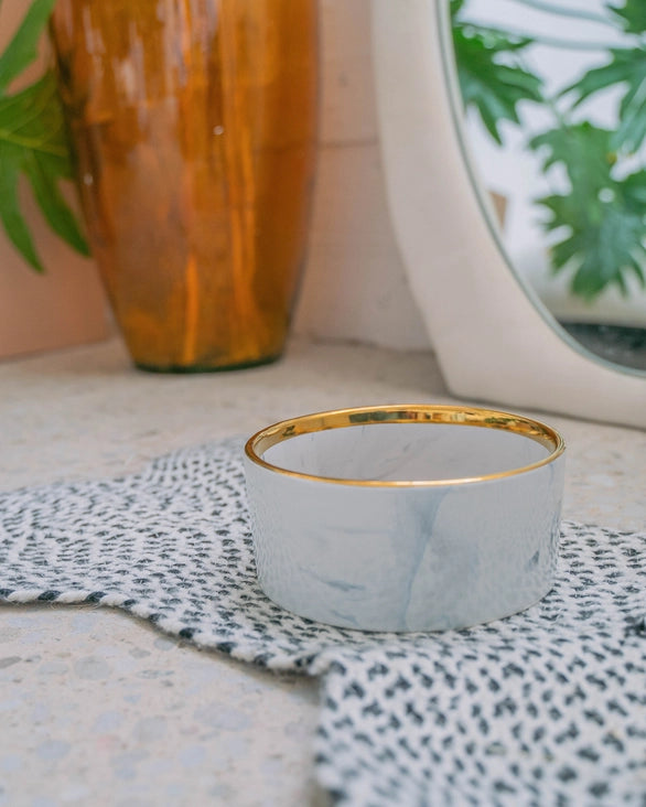 Marble Pattern Ceramic Dog Bowl with Gold Accent