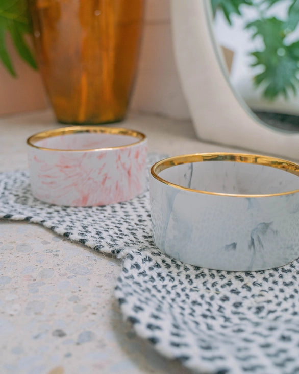 Marble Pattern Ceramic Dog Bowl with Gold Accent